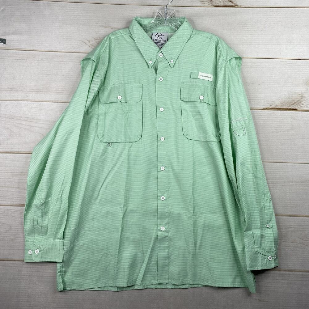 Ducks Unlimited Button Up Shirt Mens L Green Micro Checks Long Sleeve Vented